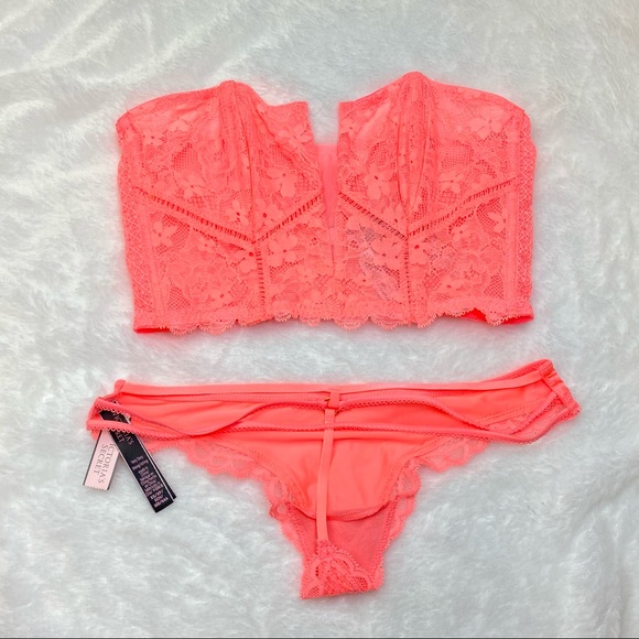 NWT Victoria’s Secret Orange Lace Bustier Longline Bra & Strappy Panties Set - Picture 9 of 15